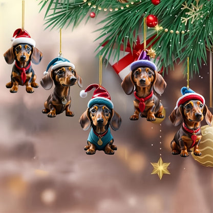 5pcs Classic Acrylic Adorable Dachshund Puppies with Christmas Hats