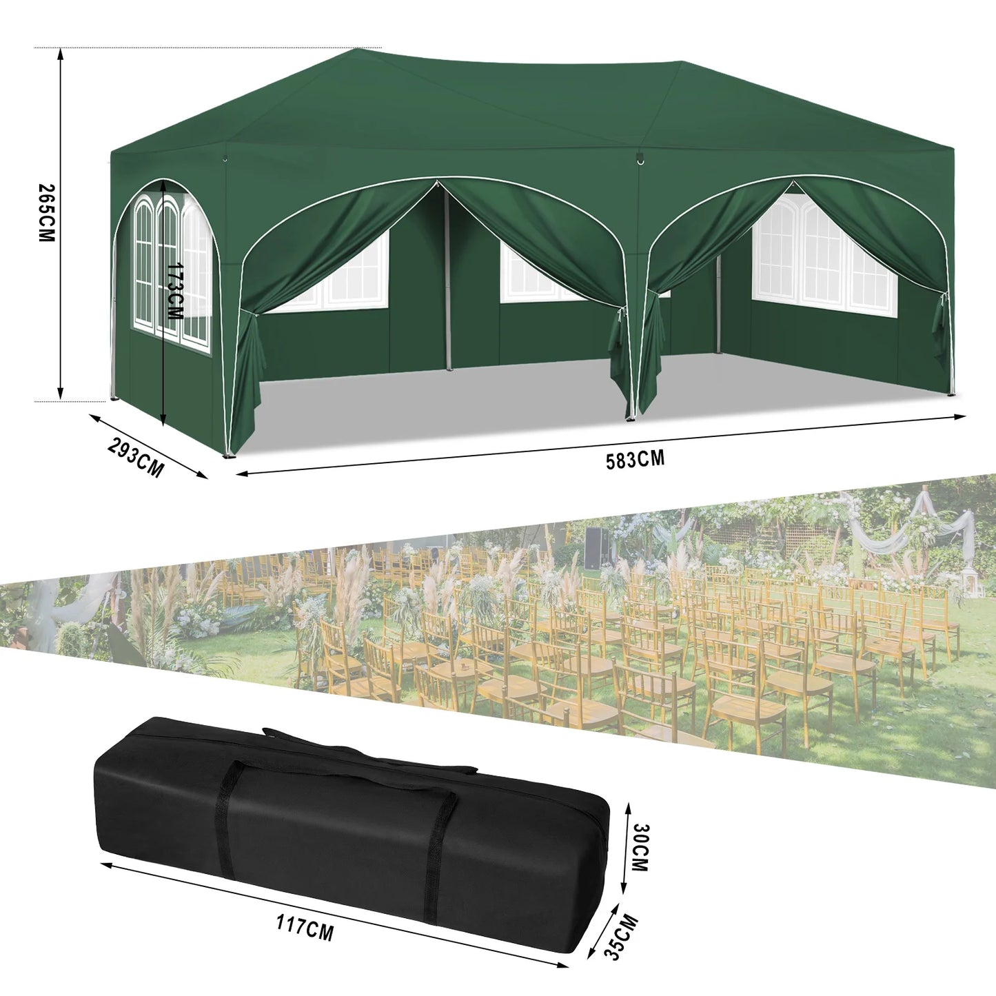 Folding Pavilion Gazebo 3x6m Canopy with 6 Sidewalls, Adjustable Height, Waterproof UV Protection, and Carry Bag