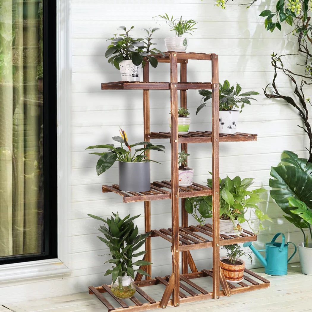 6-Tier Wooden Plant Stand – Carbonized Wood Flower Display Rack for Patio and Bonsai