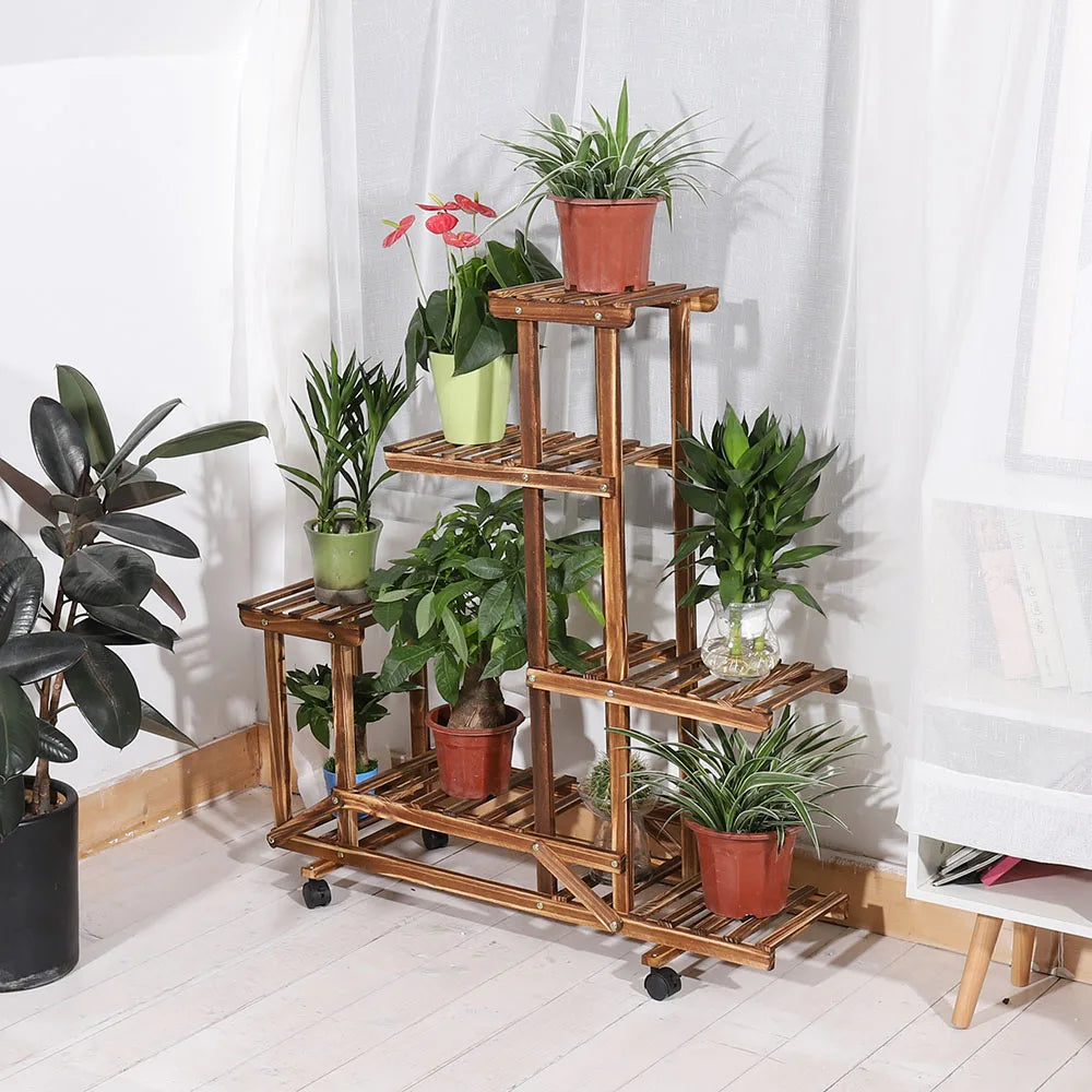 Wooden Plant Stand with Wheels – Multi-Layer Rolling Display Shelf for Indoor and Outdoor Use