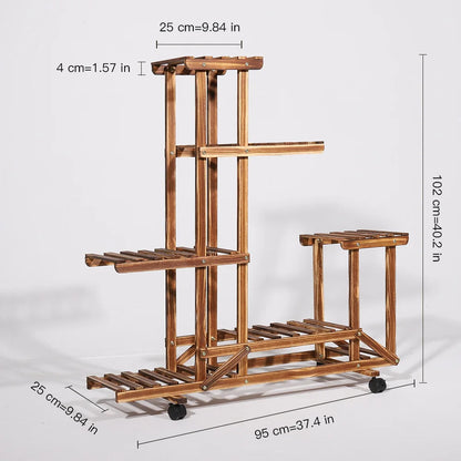 Wooden Plant Stand with Wheels – Multi-Layer Rolling Display Shelf for Indoor and Outdoor Use