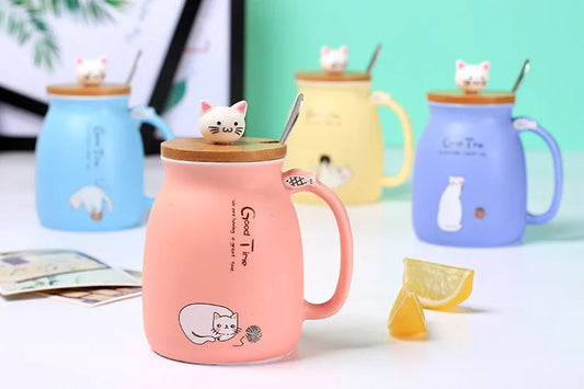 Heat Resistant Coloured Cat Mug with Lid