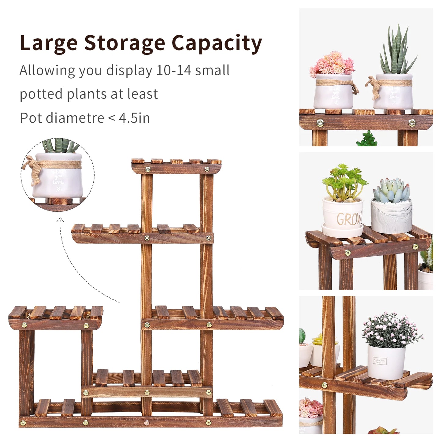 Multi-Tier Pine Wood Plant Stand with 6 Tiers for Indoor & Outdoor Use