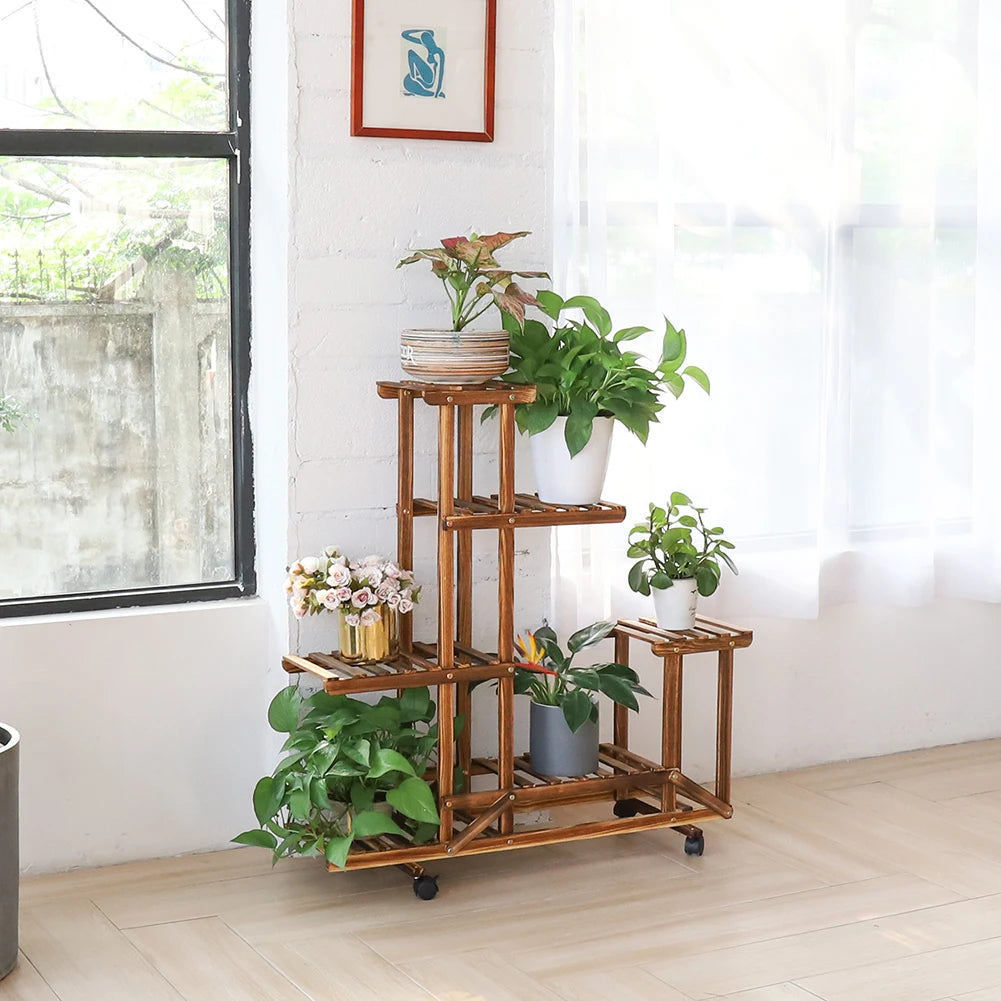 Wooden Plant Stand with Wheels – Multi-Layer Rolling Display Shelf for Indoor and Outdoor Use