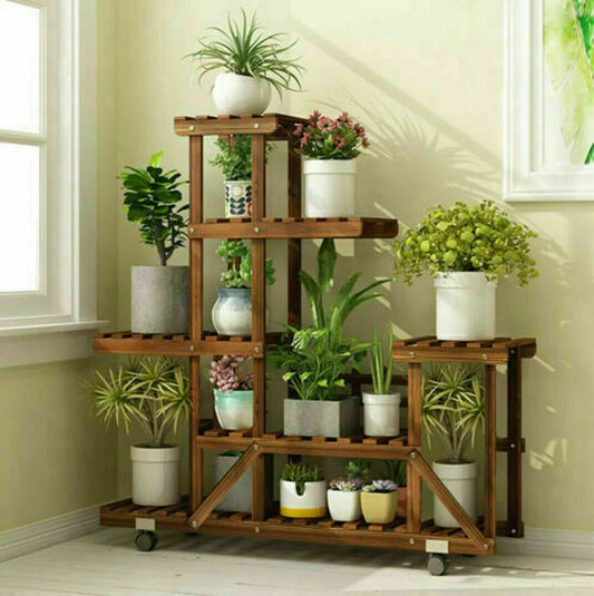 Wooden Plant Stand with Wheels – Multi-Layer Rolling Display Shelf for Indoor and Outdoor Use