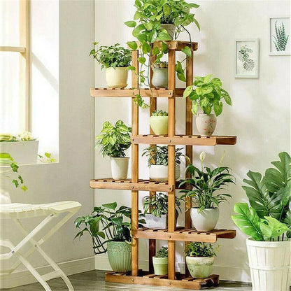 6-Tier Wooden Plant Stand – Carbonized Wood Flower Display Rack for Patio and Bonsai