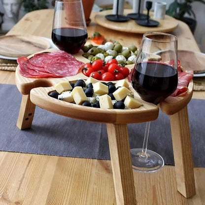 Wooden Folding Picnic Table with Portable Chair, Snack Tray, Wine Rack, and Kitchen Storage