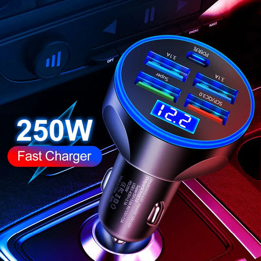 Fast Charging PD 250W Car Charger 4x Type-C