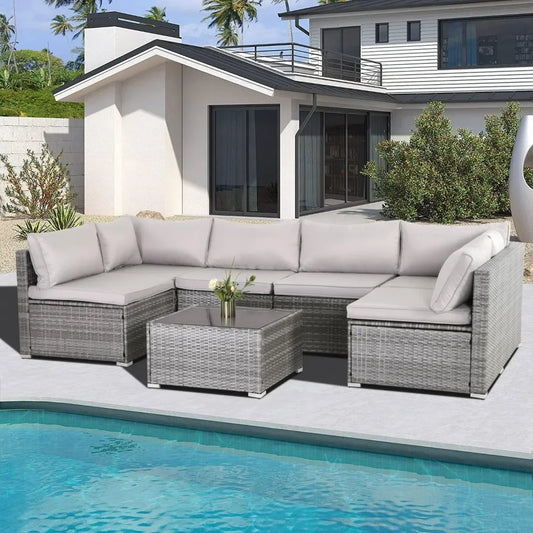 7-Piece Modular Patio Furniture Set – Outdoor Wicker Sectional Sofa for Stylish Conversations