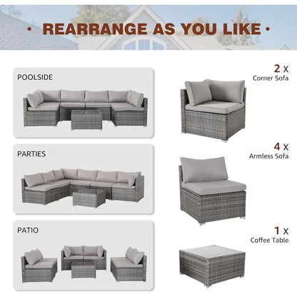 7-Piece Modular Patio Furniture Set – Outdoor Wicker Sectional Sofa for Stylish Conversations