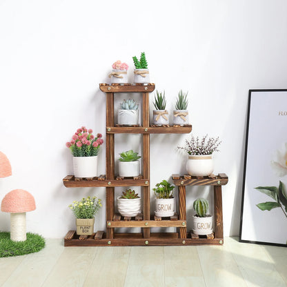 Multi-Tier Pine Wood Plant Stand with 6 Tiers for Indoor & Outdoor Use