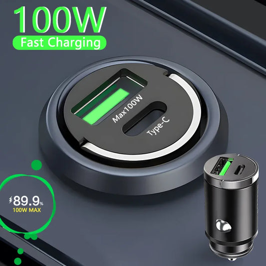 100W Mini Car Charger USB-A + Type-C