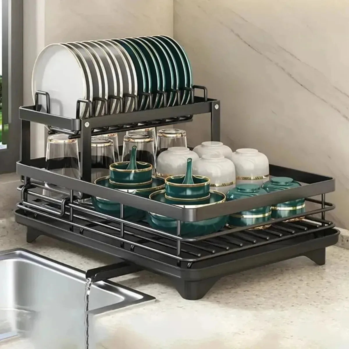 Adjustable 2 Tier Dish Drying Rack