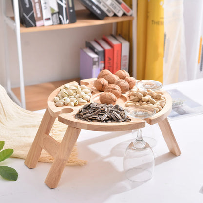 Wooden Folding Picnic Table with Portable Chair, Snack Tray, Wine Rack, and Kitchen Storage