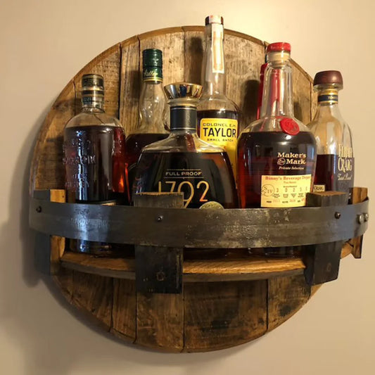 Vintage Wooden Whiskey Barrel Rack – Wall-Mounted Liquor Bottle Display Shelf for Mini Bars