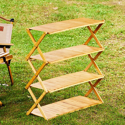 Foldable Bamboo Camping Shelf Rack – Portable 3/4-Tier Storage for Outdoor Use!