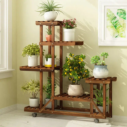 Wooden Plant Stand with Wheels – Multi-Layer Rolling Display Shelf for Indoor and Outdoor Use