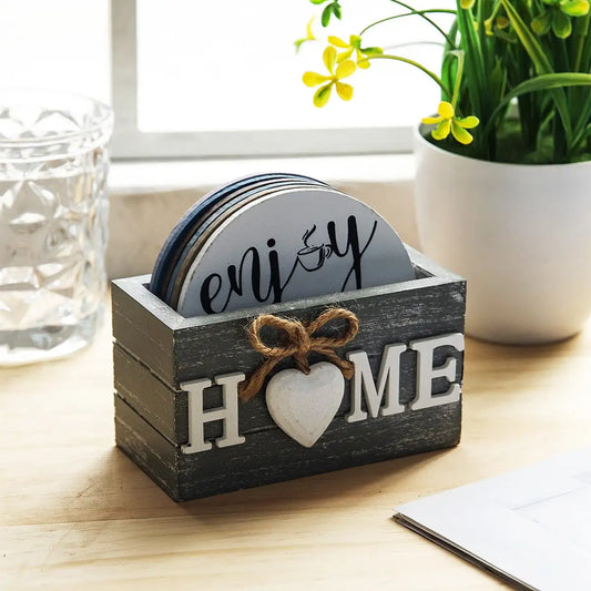 Charming Wooden Box with "HOME" Inscription and 6 Colorful Quote Coasters