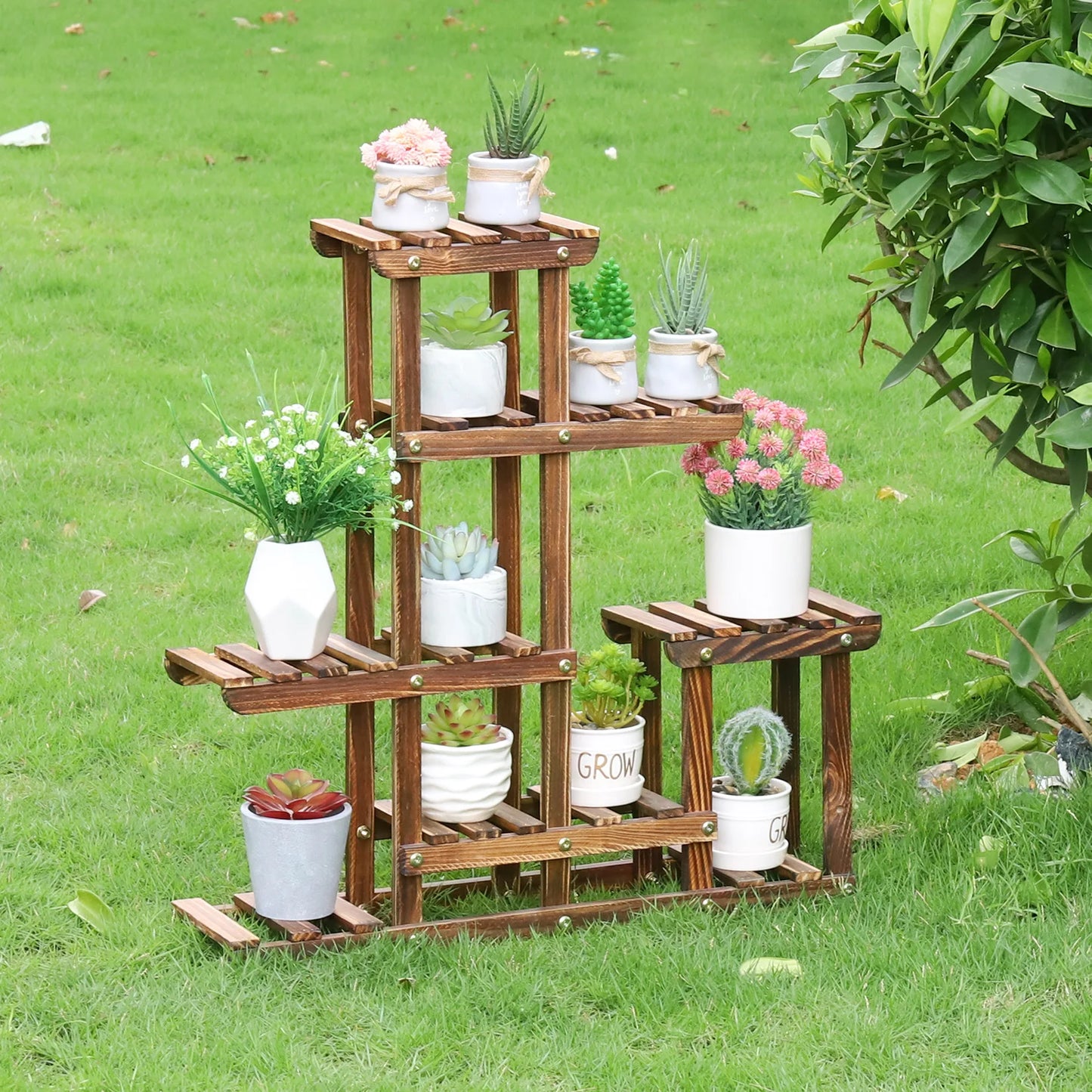 Multi-Tier Pine Wood Plant Stand with 6 Tiers for Indoor & Outdoor Use