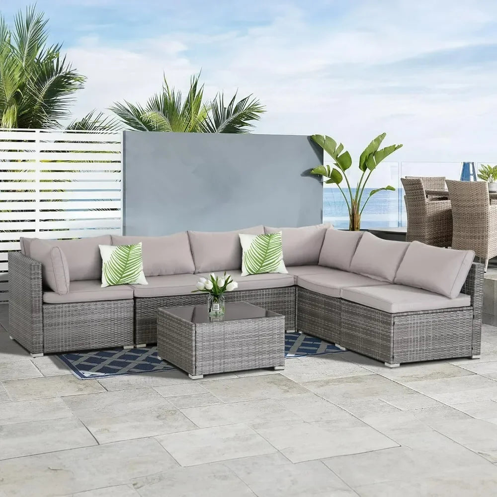 7-Piece Modular Patio Furniture Set – Outdoor Wicker Sectional Sofa for Stylish Conversations