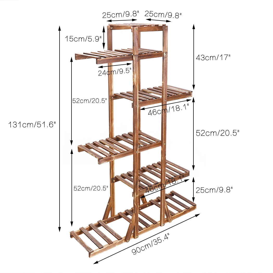 6-Tier Wooden Plant Stand – Carbonized Wood Flower Display Rack for Patio and Bonsai