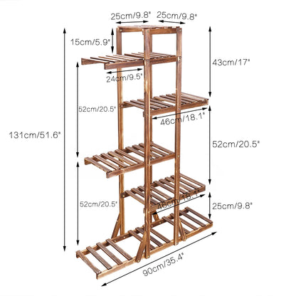 6-Tier Wooden Plant Stand – Carbonized Wood Flower Display Rack for Patio and Bonsai